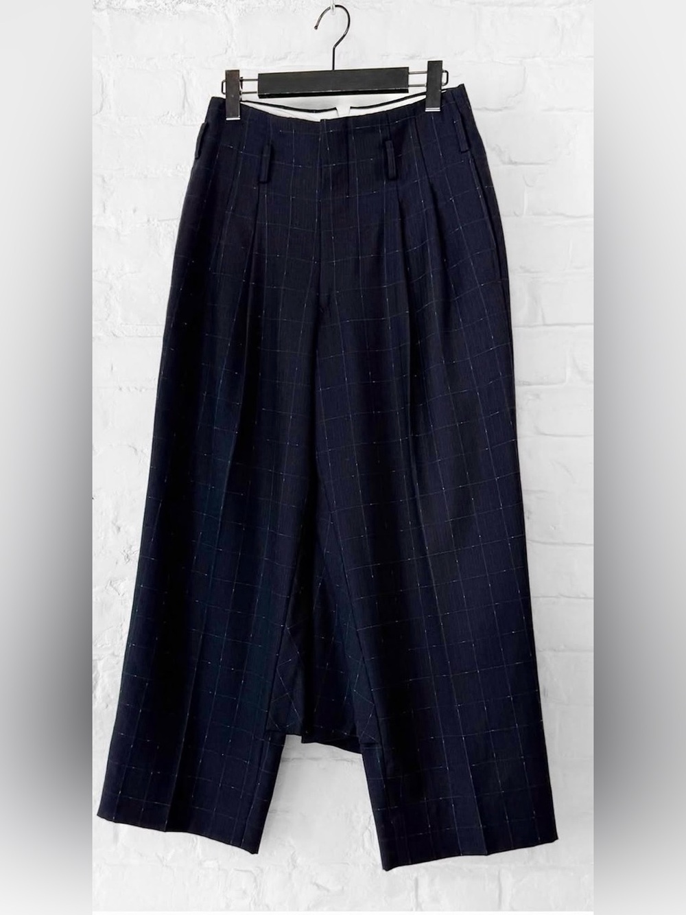 Comme De Garçons Women's Navy Windowpane Wide-Leg Skirt Pants Wool NWT